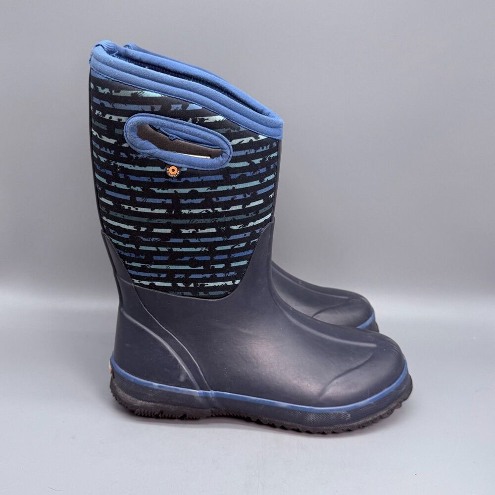 Bogs K Classic Stripe Kid Youth 4 Blue Pull-On Waterproof Winter Rain Boots Shoe